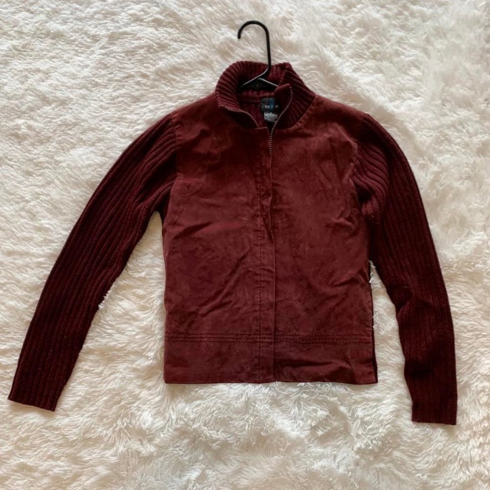 Six Maroon Leather Front Zip-up Sweater size Small